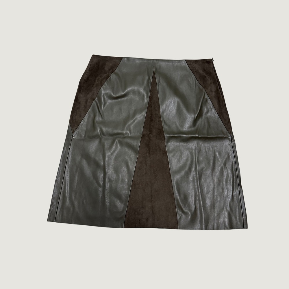 Catherine Malandrino Brown Faux Leather Suede Paneled Midi Skirt Womens 12 Soft